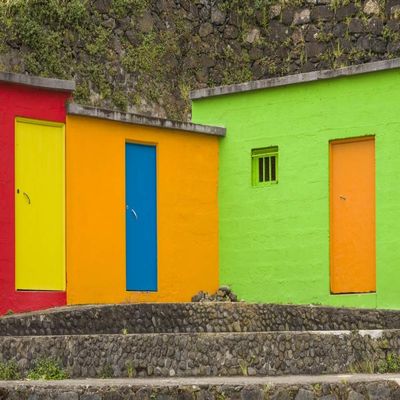 Posterazzi PDDEU23WBI1225LARGE Portugal, Azores, Sao Miguel Island, Porto Formoso Fishing Shacks Photo Print, 24 x 36, Multi