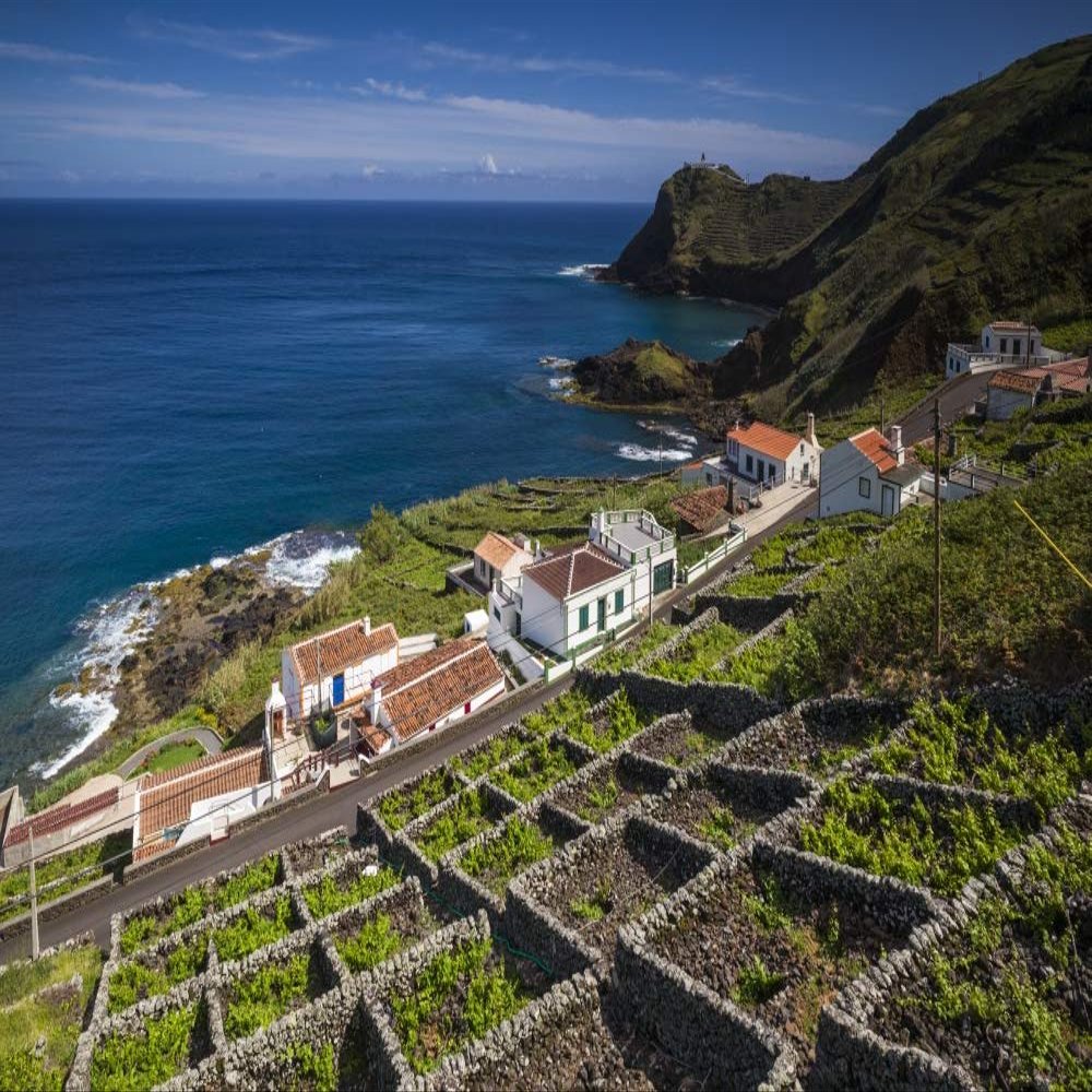 Posterazzi PDDEU23WBI1754 Portugal, Azores, Santa Maria Island, Maia. Elevated View of Town and Volcanic Rock Vineyards Photo Print, 18 x 24, Multi