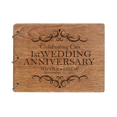 LifeSong Milestones Personalized 1st Wedding Anniversary Guest Book for Couple - Husband and Wife 1 Year of Marriage Celebration, Wooden Walnut Signature Registry Guest Book (Walnut(Egvd))