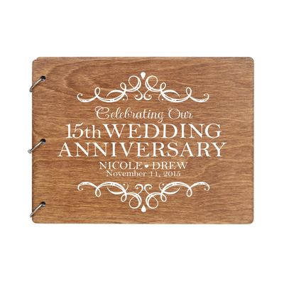 LifeSong Milestones Personalized 15th Wedding Anniversary Guest Book for Couple - Husband and Wife 15 Years of Marriage Celebration, Wooden Walnut Signature Registry Guest Book (Walnut)