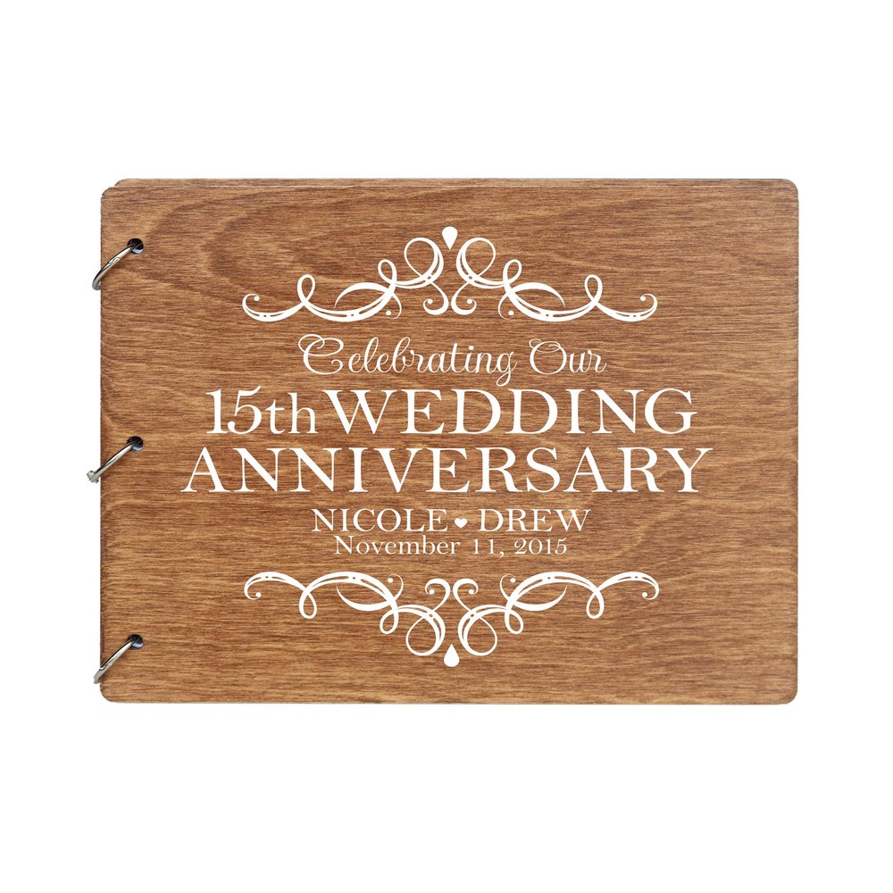 LifeSong Milestones Personalized 15th Wedding Anniversary Guest Book for Couple - Husband and Wife 15 Years of Marriage Celebration, Wooden Walnut Signature Registry Guest Book (Walnut)