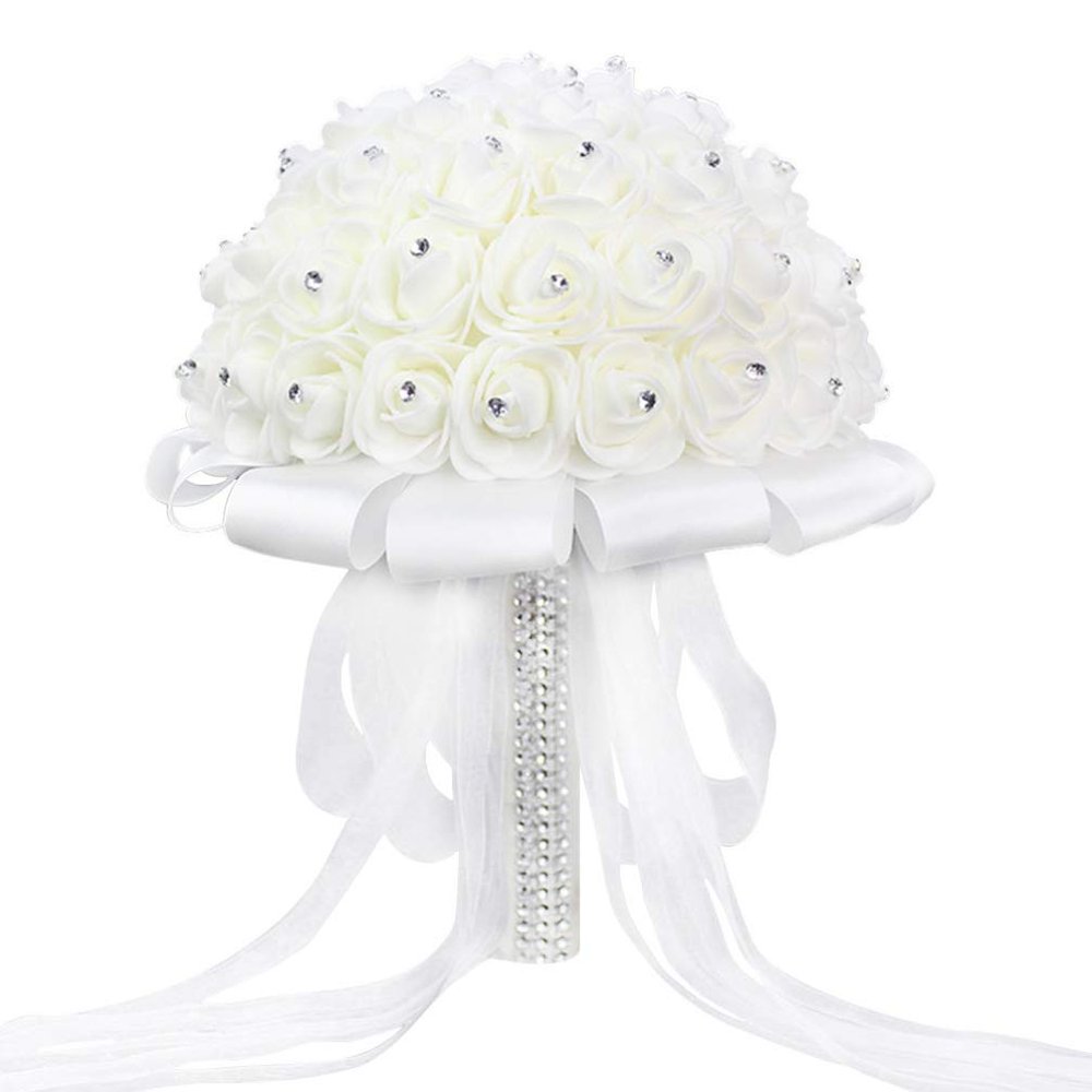Amosfun Wedding Flower Bouquet Holding Creme Bouquet Artificial Rose Crystals Decor of Flowers Wedding Ramo De Flores Artificiales Bouquets Props White Korean Bride