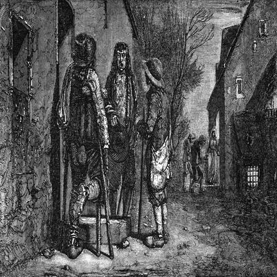 Posterazzi DPI12331226LARGE The Illustrated London News Etching from 1854. Christmas Eve in Britany. People Ion The Street Talking. A Man On Crutches at Night Photo Print, 38 x 24, Multi