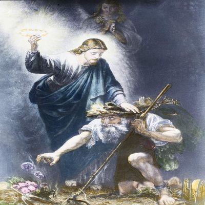 Posterazzi DPI12329386LARGE Magic Lantern Hand Coloured Slide Circa 1900. A Pilgrim's Progress by John Bunyan. Life Or Death The Man with The Muck Rake Photo Print, 24 x 36, Multi