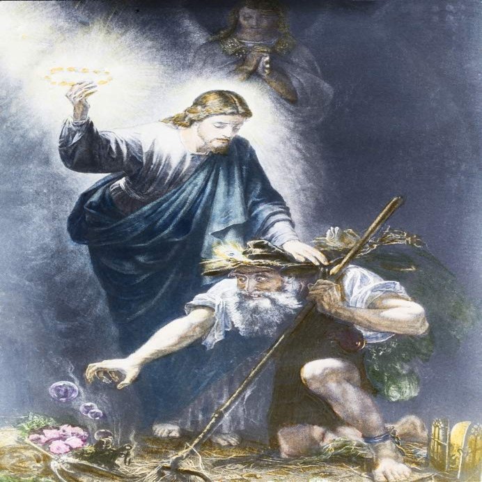 Posterazzi DPI12329386LARGE Magic Lantern Hand Coloured Slide Circa 1900. A Pilgrim's Progress by John Bunyan. Life Or Death The Man with The Muck Rake Photo Print, 24 x 36, Multi