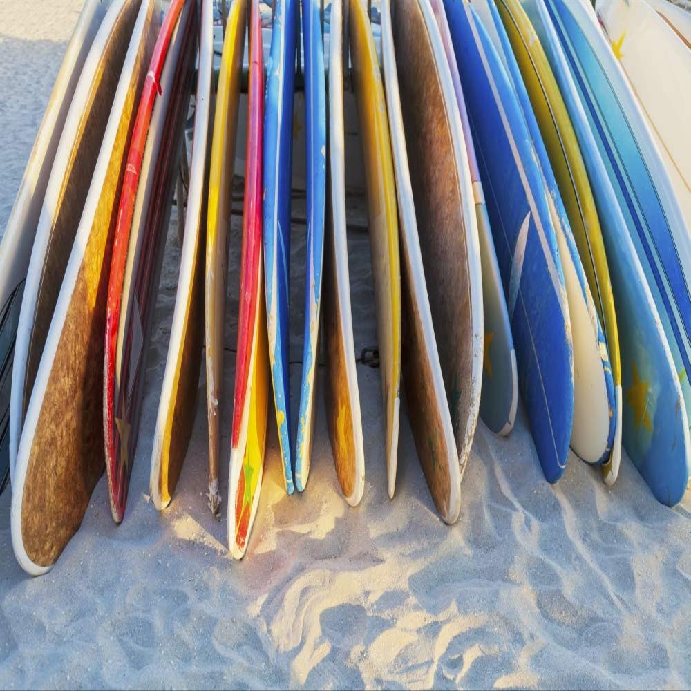 Posterazzi DPI12351167LARGE A Stack of Colourful Longboard Surfboards Placed on The Beach, Waikiki, Oahu, Hawaii, United States of America Photo Print, 38 x 24, Multi
