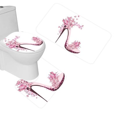 Amagical Pink Butterfly and Girls High Heels Shoe 3 Piece Bathroom Mat Set Non Slip Bath Mat Contour Mat Toilet Cover