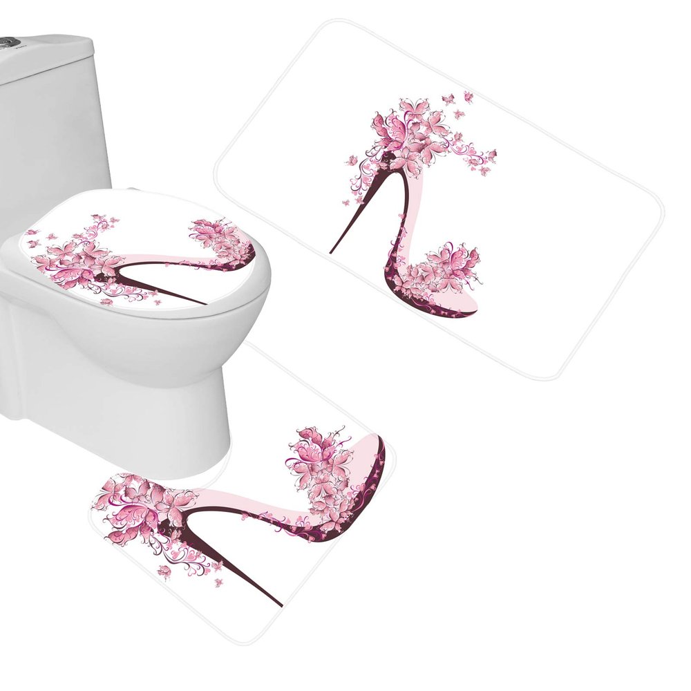 Amagical Pink Butterfly and Girls High Heels Shoe 3 Piece Bathroom Mat Set Non Slip Bath Mat Contour Mat Toilet Cover