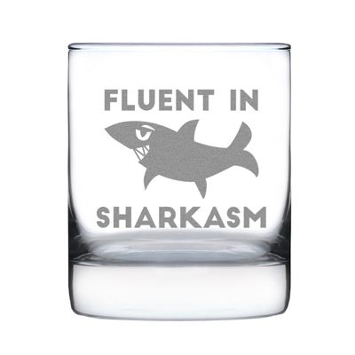 Bevvee Fluent in Sharkasm - Funny Shark Whiskey Rocks Glass Gifts for Sarcastic Men & Women - Fun Whisky Drinking Tumbler Dcor