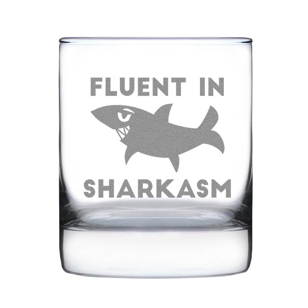 Bevvee Fluent in Sharkasm - Funny Shark Whiskey Rocks Glass Gifts for Sarcastic Men & Women - Fun Whisky Drinking Tumbler Dcor