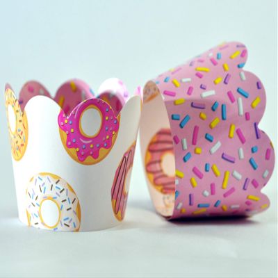 Donut Grow Up Doughnut Cupcake Wrappers for Kids birthday party supplies, two sweet celebrations, sprinkles. Set of 24 Reversible donut pattern to pink sprinkles icing Scalloped Cupcake holder wraps