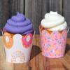 Donut Grow Up Doughnut Cupcake Wrappers for Kids birthday party supplies, two sweet celebrations, sprinkles. Set of 24 Reversible donut pattern to pink sprinkles icing Scalloped Cupcake holder wraps view 2