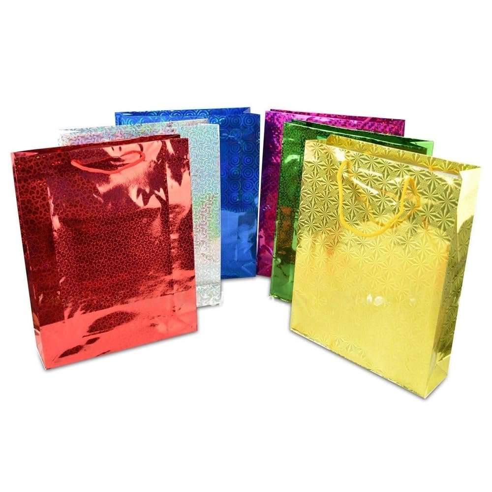 Assorted Colours Holographic Gift Bags Large Size Christmas Birthday Wedding Favour Present Bags All Occasions, 25Pcs