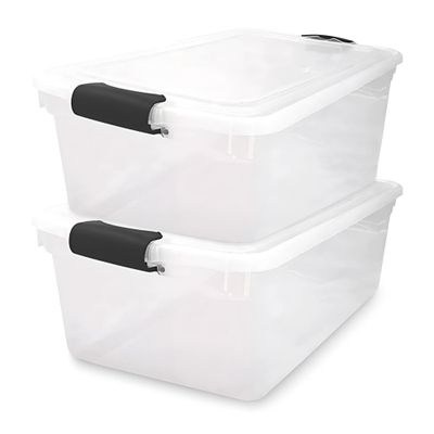 HOMZ 2-Pack Secure Latch, Clear Plastic Storage Organizer Bins, 64 Quart, Gray Latches - Stackable Container Boxes for Bedroom, Bathroom, Garage, and Office Organization