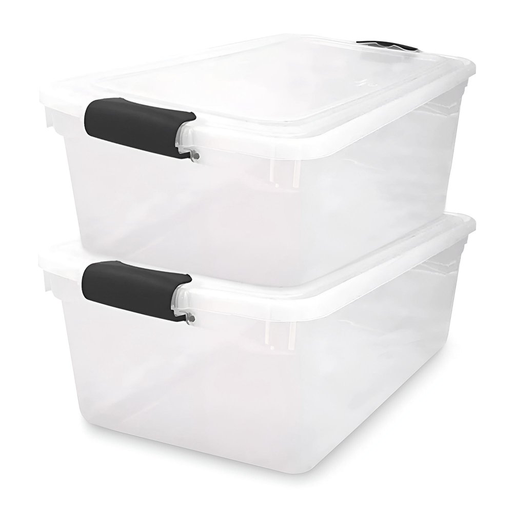 HOMZ 2-Pack Secure Latch, Clear Plastic Storage Organizer Bins, 64 Quart, Gray Latches - Stackable Container Boxes for Bedroom, Bathroom, Garage, and Office Organization