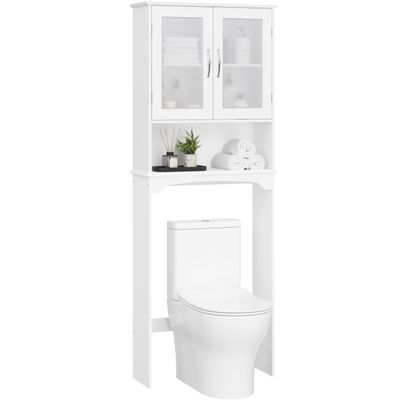 Yaheetech Over The Toilet Storage Cabinet with Double Tempered Glass Doors and Adjustable Shelf, Freestanding Bathroom Storage Rack, 66 Inches Height