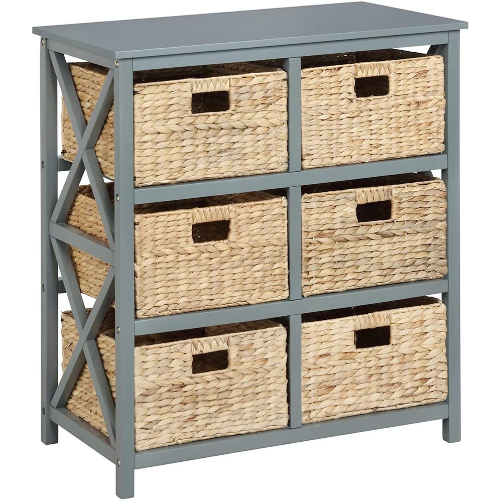 eHemco 3 Tier X-Side End Storage Cabinet with 6 Wicker Baskets, Gray