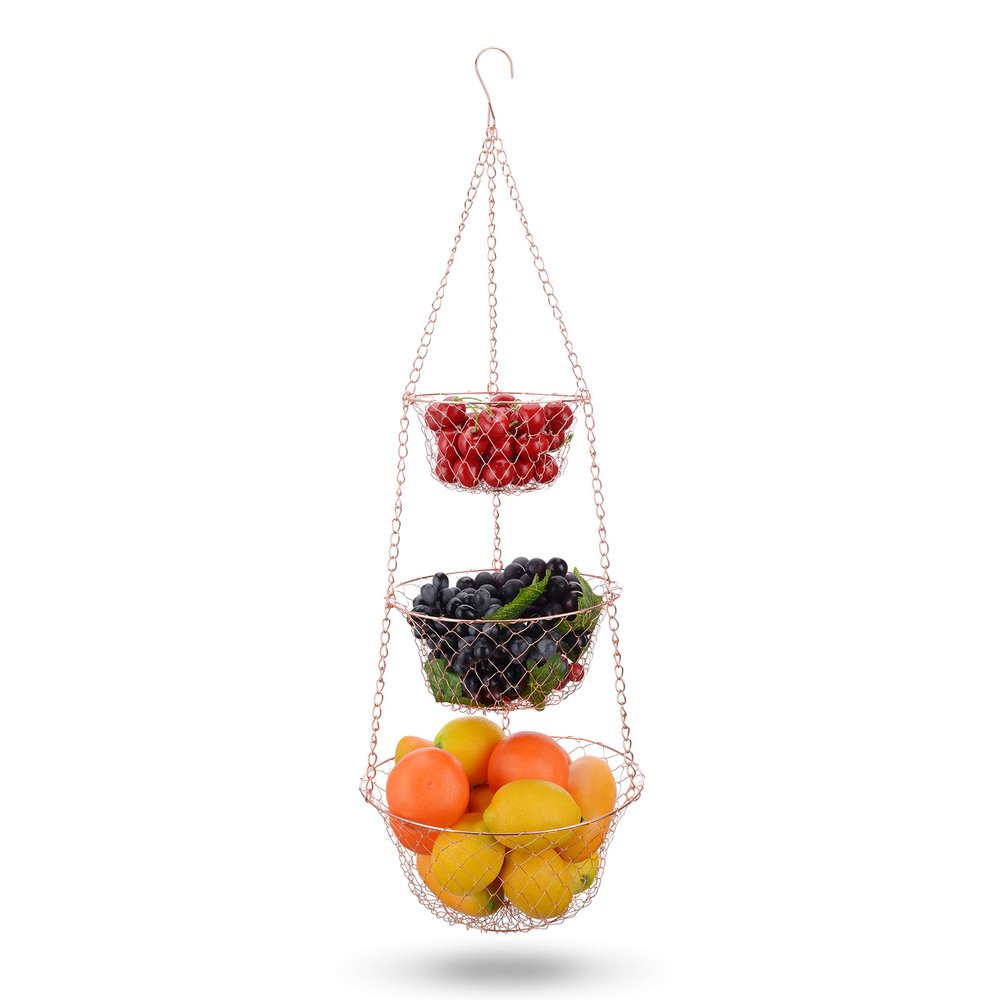 IBERG 3 Tier Hanging Fruit Basket, Metal Hanging Baskets for Kitchen, Bathroom & Pantry Storage Organizer (Copper)