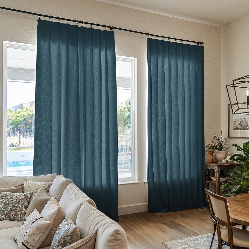 TWOPAGES Navy Blue Linen Textured Pinch Pleated Curtain 108 Inches Long Heavyweight Cotton Curtain for Living Room Light Filtering Drape (1 Panel, 52 x 108 Inches)