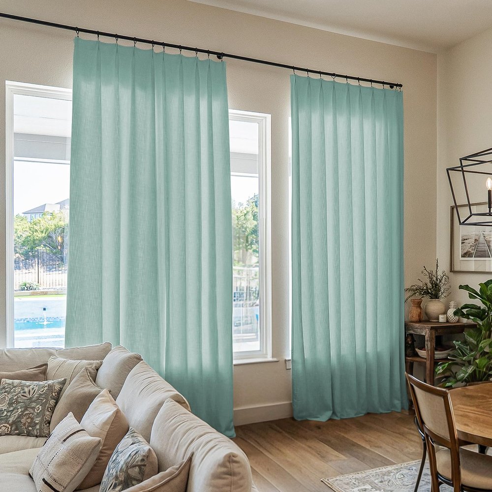 TWOPAGES Sky Blue Linen Textured Pinch Pleated Curtain 108 Inches Long Heavyweight Cotton Curtain for Living Room Light Filtering Drape (1 Panel, 52 x 108 Inches)