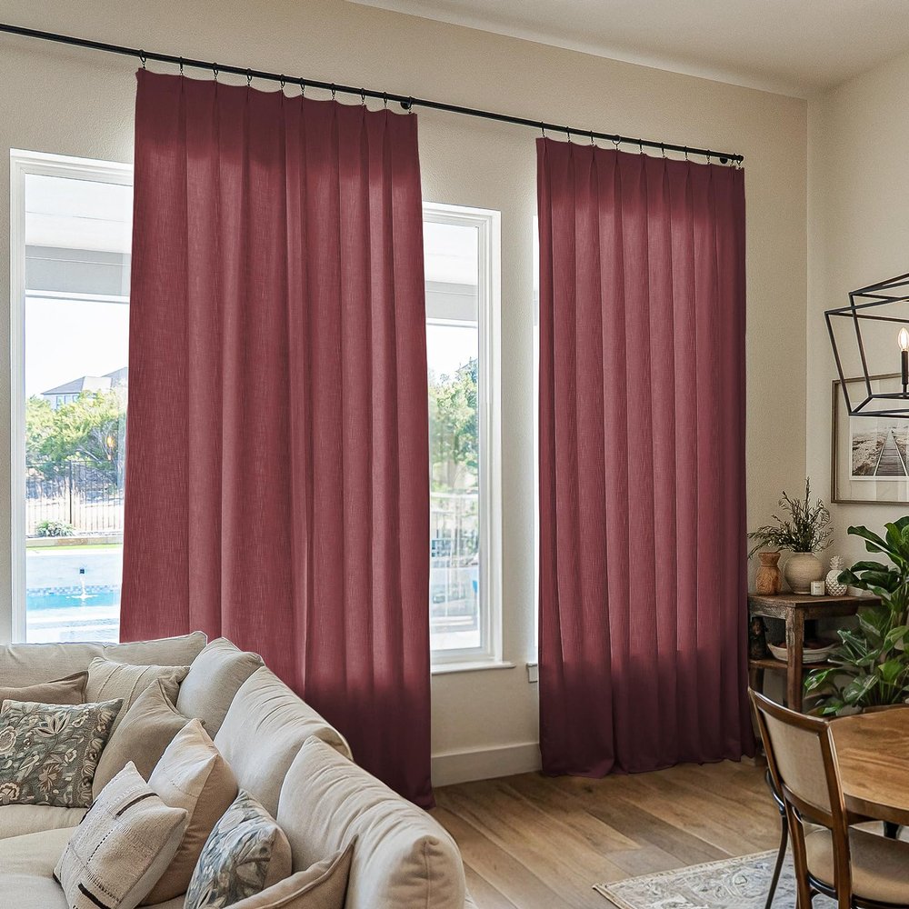 TWOPAGES Burgundy Linen Textured Pinch Pleated Curtain 108 Inches Long Heavyweight Cotton Curtain for Living Room Light Filtering Drape (1 Panel, 52 x 108 Inches)