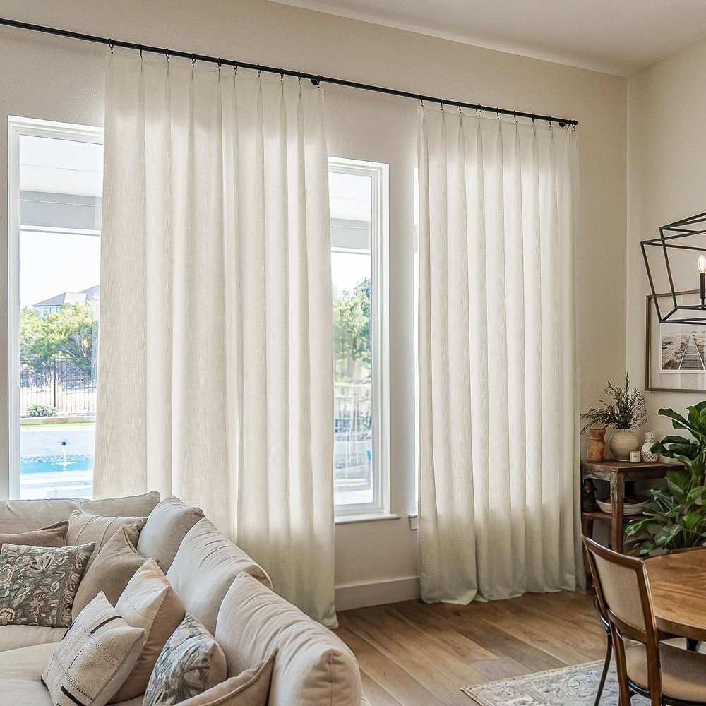 TWOPAGES Ivory White Linen Textured Pinch Pleated Curtain 108 Inches Long Heavyweight Cotton Curtain for Living Room Light Filtering Drape (1 Panel, 52 x 108 Inches)