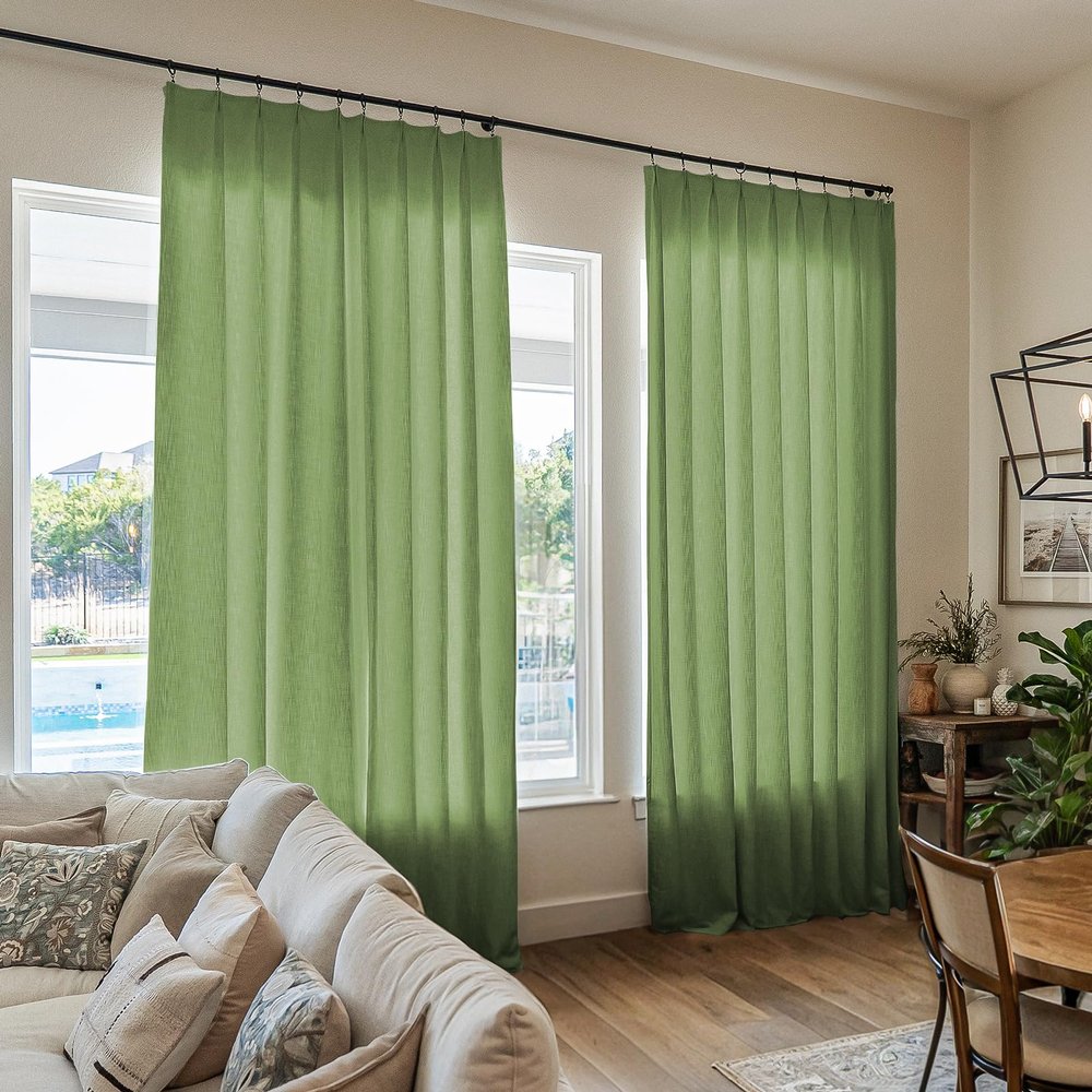 TWOPAGES Olive Linen Textured Pinch Pleated Curtain 108 Inches Long Heavyweight Cotton Curtain for Living Room Light Filtering Drape (1 Panel, 52 x 108 Inches)