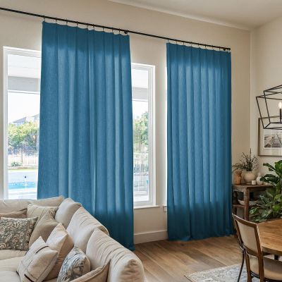 TWOPAGES Blue Linen Textured Pinch Pleated Curtain 108 Inches Long Heavyweight Cotton Curtain for Living Room Light Filtering Drape (1 Panel, 52 x 108 Inches)