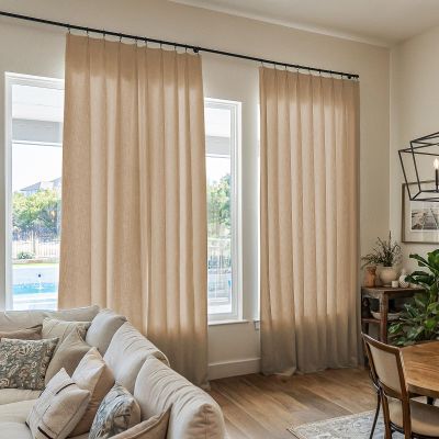 TWOPAGES Tan Linen Textured Pinch Pleated Curtain 108 Inches Long Heavyweight Cotton Curtain for Living Room Light Filtering Drape (1 Panel, 52 x 108 Inches)