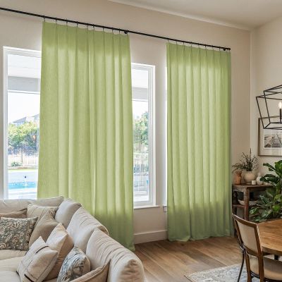 TWOPAGES Green Linen Textured Pinch Pleated Curtain 108 Inches Long Heavyweight Cotton Curtain for Living Room Light Filtering Drape (1 Panel, 52 x 108 Inches)