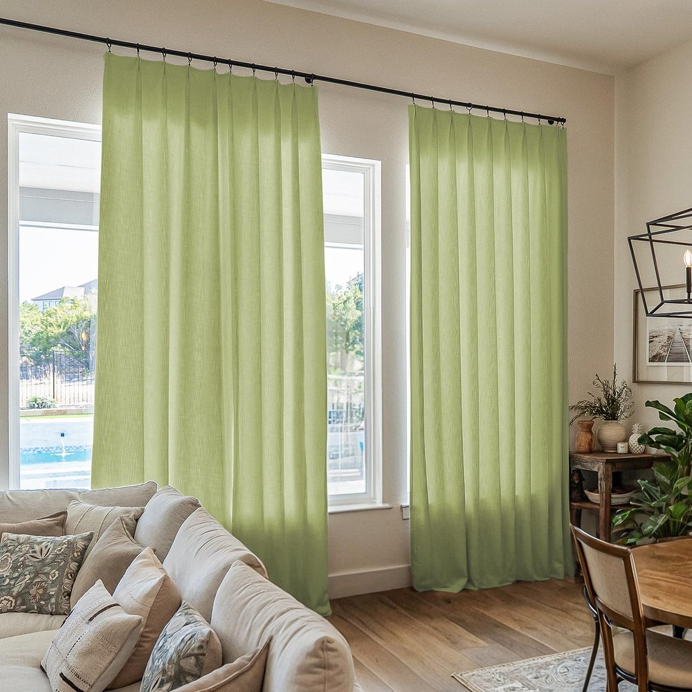 TWOPAGES Green Linen Textured Pinch Pleated Curtain 108 Inches Long Heavyweight Cotton Curtain for Living Room Light Filtering Drape (1 Panel, 52 x 108 Inches)