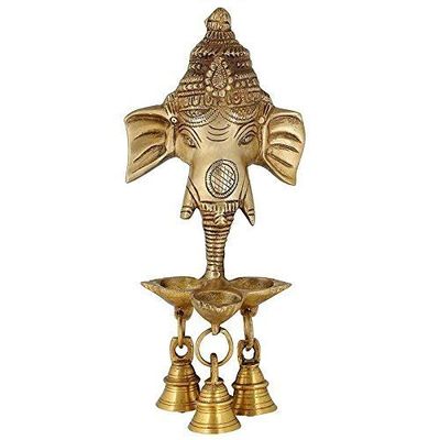 Wgloryind Brass Ganesha Wall Hanging Deepak with Bells