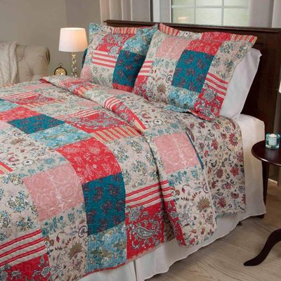 HNU 3 Piece Floral Patchwork Quilt Set Full, Classic Stripe Flowers Paisley Scroll Print Multi Color Beautiful Decorative Lightweight Cozy Comfy Bedding