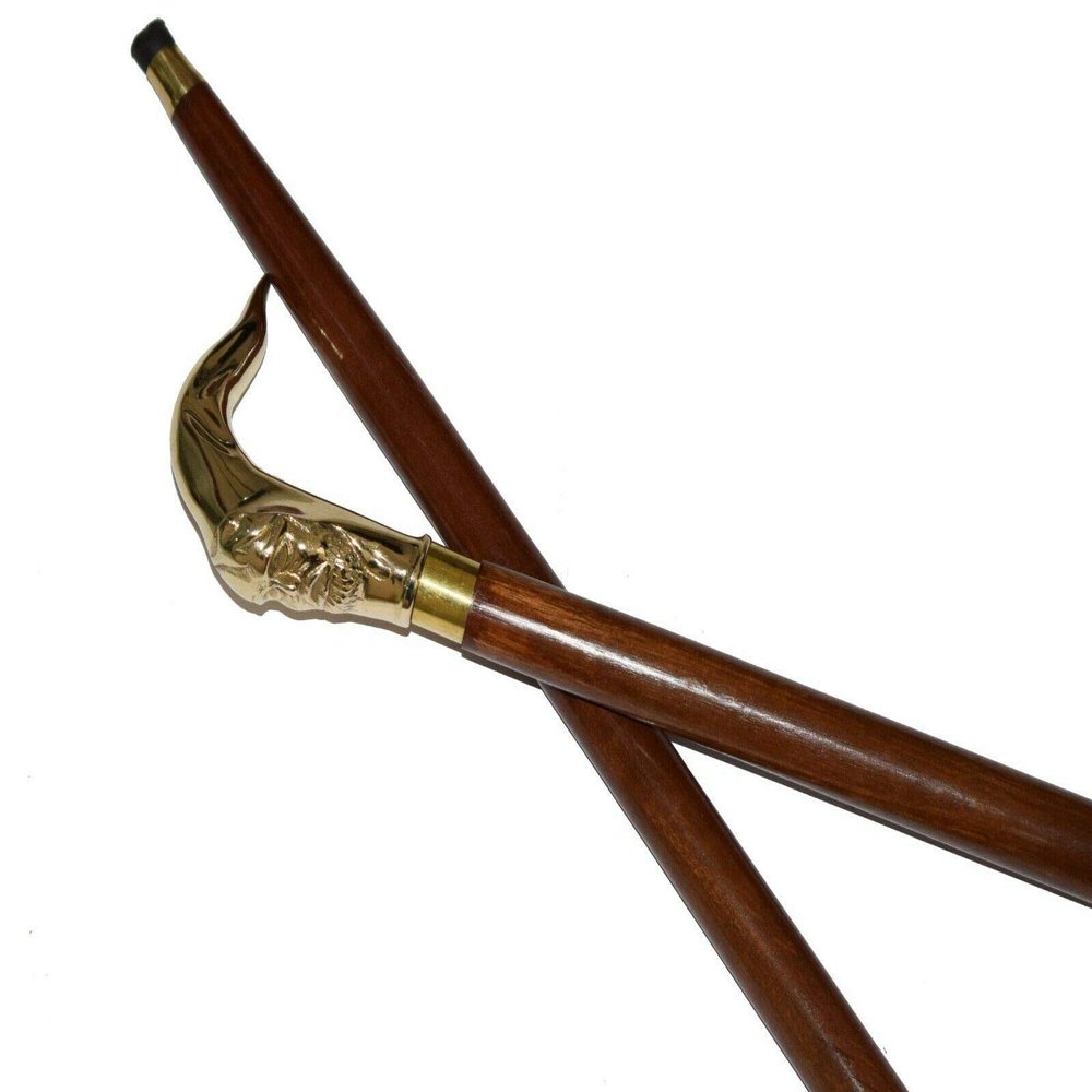 Old Memories Gallery Alien Head Walking Stick Cane Brass Handle Brown Wooden Shaft for Men Women