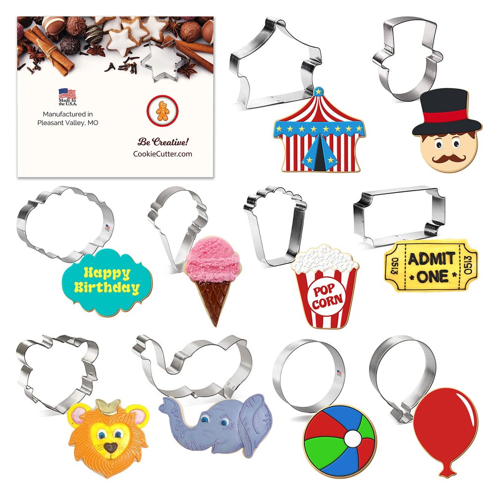 Circus Birthday Cookie Cutter 10 Pc Set - Tent, Ringmaster, Ball, Lion Face, Elephant Face, Ticket Plaque, Ferris Wheel, Ice Cream Cone, Popcorn, Fancy Plaque Cookie Cutters from Tin Plated Steel