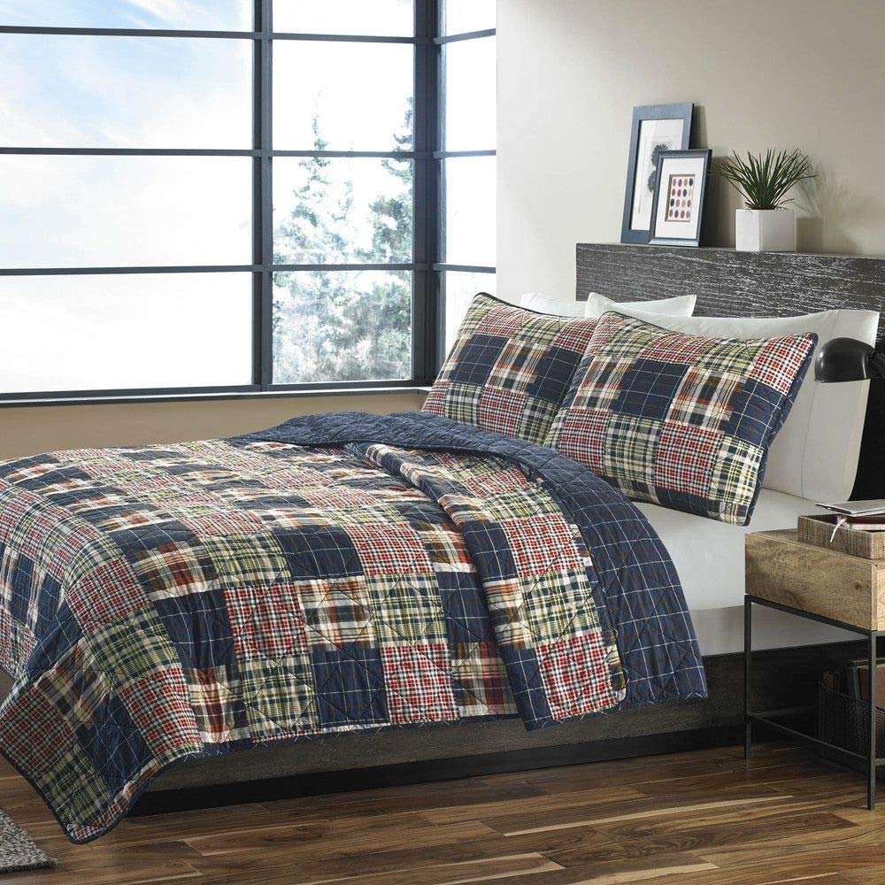 HNU 3 Piece Patchwork Plaid Quilt Set Full, Cabin Lodge Windowpane Pattern on Reverse Diamond Quilt Stitching Warm Soft Bedspread Cozy Comfy Cotton Bedding