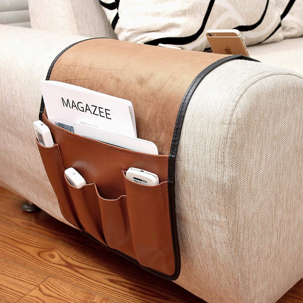 5 Pockets TV Remote Control Holder Couch Sofa Tray Armrest Organiser Oxford Chair Couch Caddy Sofa Armrest Bag Bedside Storage Hanging Organiser for Magazine Books Snack Mobile DVD Cellphone (PU-A)