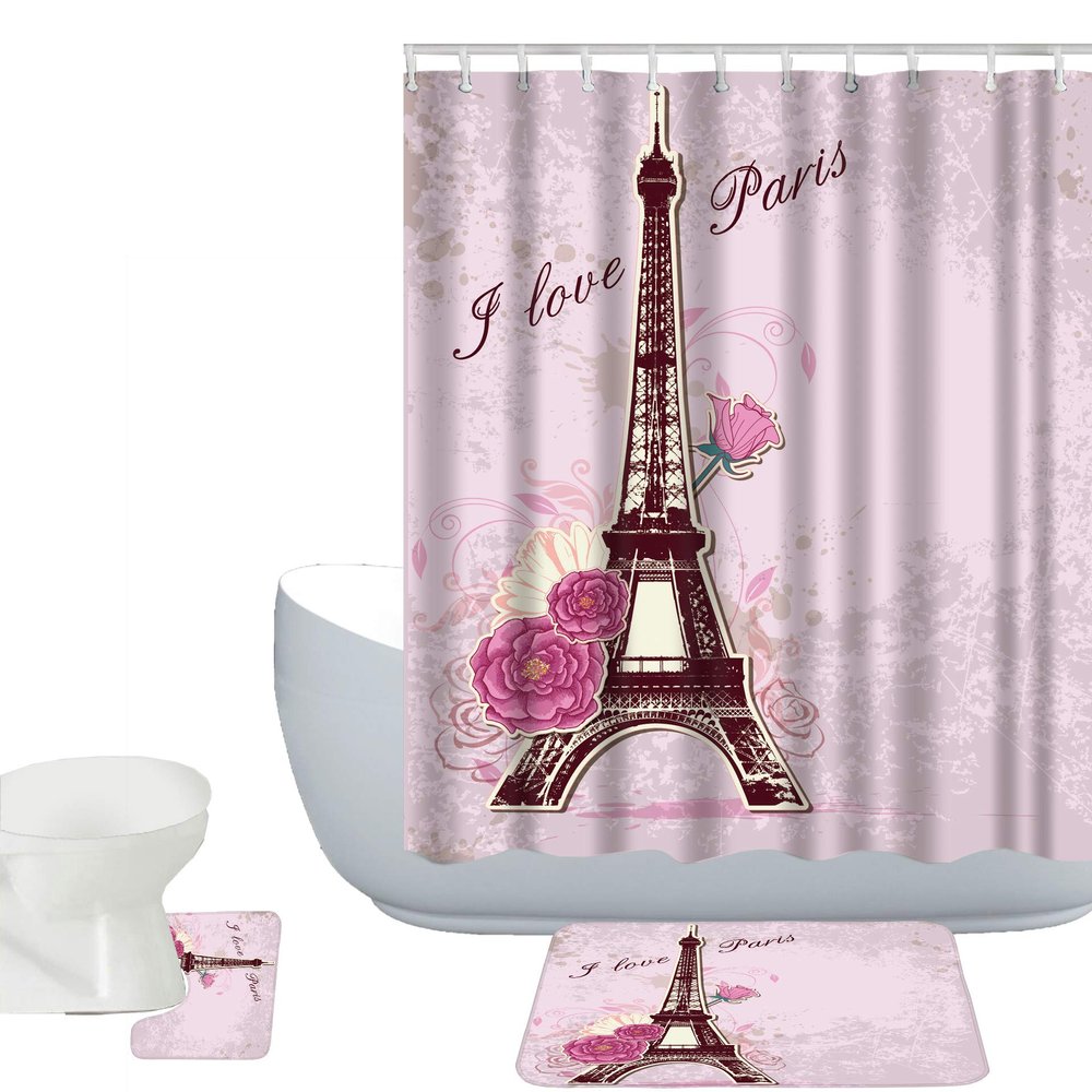 Amagical Paris Eiffel Tower with Roses Pink Background 3 Piece Bathroom Mat Set Shower Curtain Set Bath Mat Contour Mat Shower Curtain and 12 Hooks