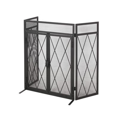Laurel Modern Iron Folding Fireplace Screen with Door, Matte Black
