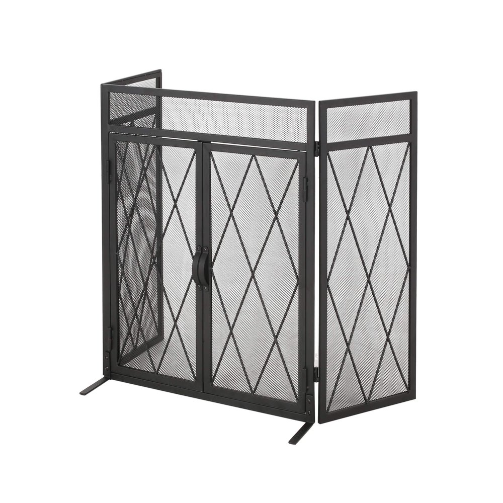 Laurel Modern Iron Folding Fireplace Screen with Door, Matte Black