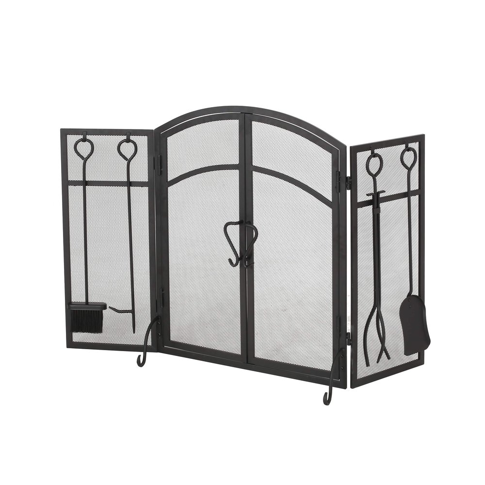 Christopher Knight Home Darlene Modern Iron Folding Fireplace Screen with Door and Tools, Matte Black