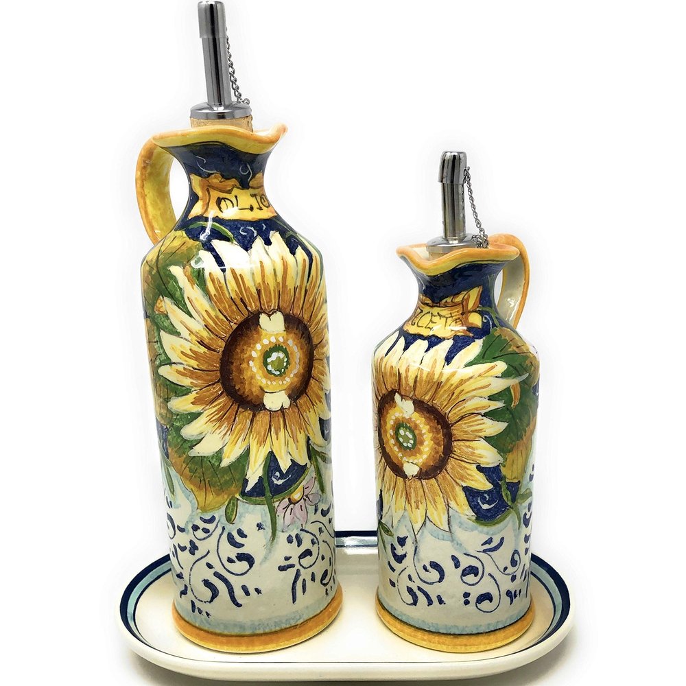 CERAMICHE D'ARTE PARRINI - Italian Ceramic Art Pottery Dispenser Set Oil Cruet Vinegar Decorated Sunflower Tuscany Hand Painted Made in ITALY