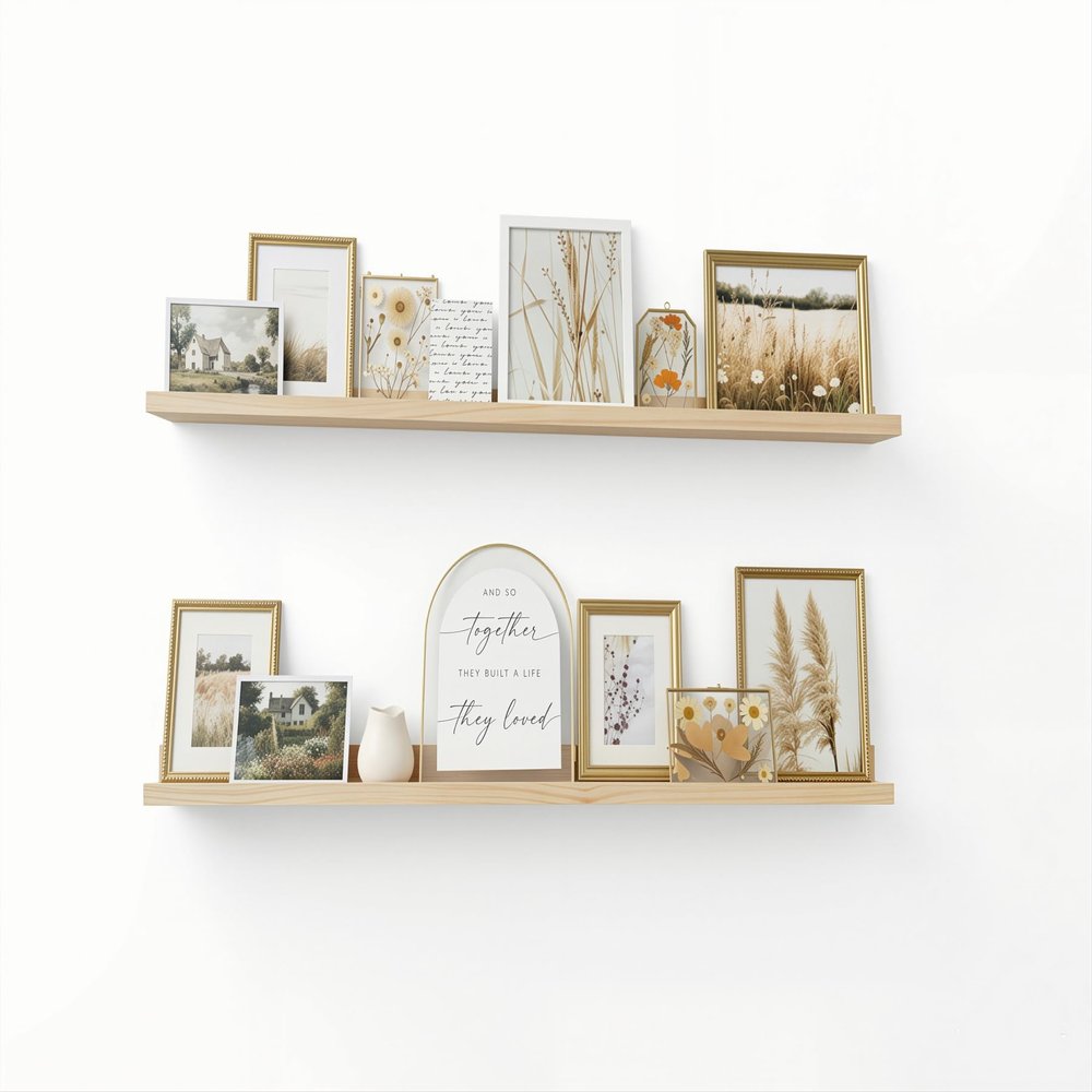 AZSKY Natural Wood Floating Shelves-Wall Mounted Picture Shelf Photo Ledge for Frames & Albums Display-24 Inch Nursery Book Shelf Vinyl Record Shelf for Bedroom, Bathroom, Living Room, Kitchen Decor