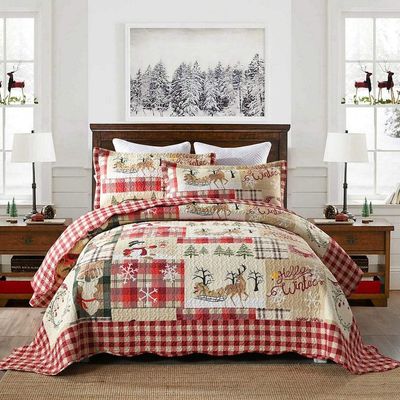 3 Piece Cabin Lodge Ivory Red Quilt Bedspread Set Holiday Greetings Snow Flakes Deer Reindeer Sledge Snow Man Plaid Prints Patchwork Quilt King Scalloped Edged All Over Stitched Christmas Bedding Set