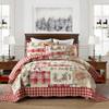 3 Piece Cabin Lodge Ivory Red Quilt Bedspread Set Holiday Greetings Snow Flakes Deer Reindeer Sledge Snow Man Plaid Prints Patchwork Quilt King Scalloped Edged All Over Stitched Christmas Bedding Set view 1