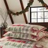 3 Piece Cabin Lodge Ivory Red Quilt Bedspread Set Holiday Greetings Snow Flakes Deer Reindeer Sledge Snow Man Plaid Prints Patchwork Quilt Queen Scalloped Edged All Over Stitched Christmas Bedding Set view 3
