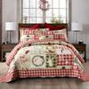 3 Piece Cabin Off White Red Quilt Bedspread Set Holiday Greetings Snow Flakes Deer Sparrow Sledge Snowman Printed Plaid Patchwork Quilt Queen Scalloped Edged All Over Stitched Christmas Bedding Set view 1