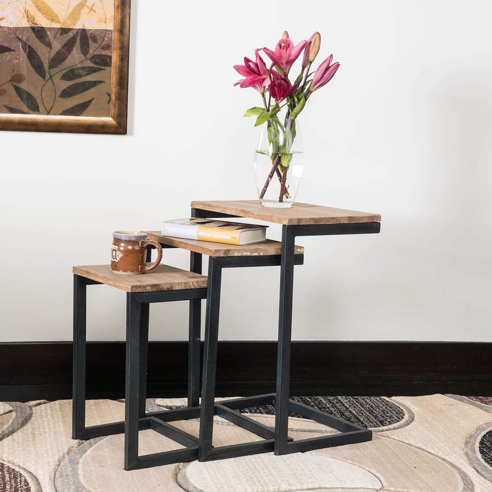 3-Piece Nesting Table Set Brown Rustic Rectangle Iron Wood Metal Finish