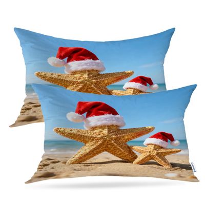 Batmerry Summer Beach Decorative Pillow Covers, Beach Merry Christmas Starfish Double Sided Throw Pillow Covers Sofa Cushion Cover Lumbar 12 x 20 Inches(Set of 2)