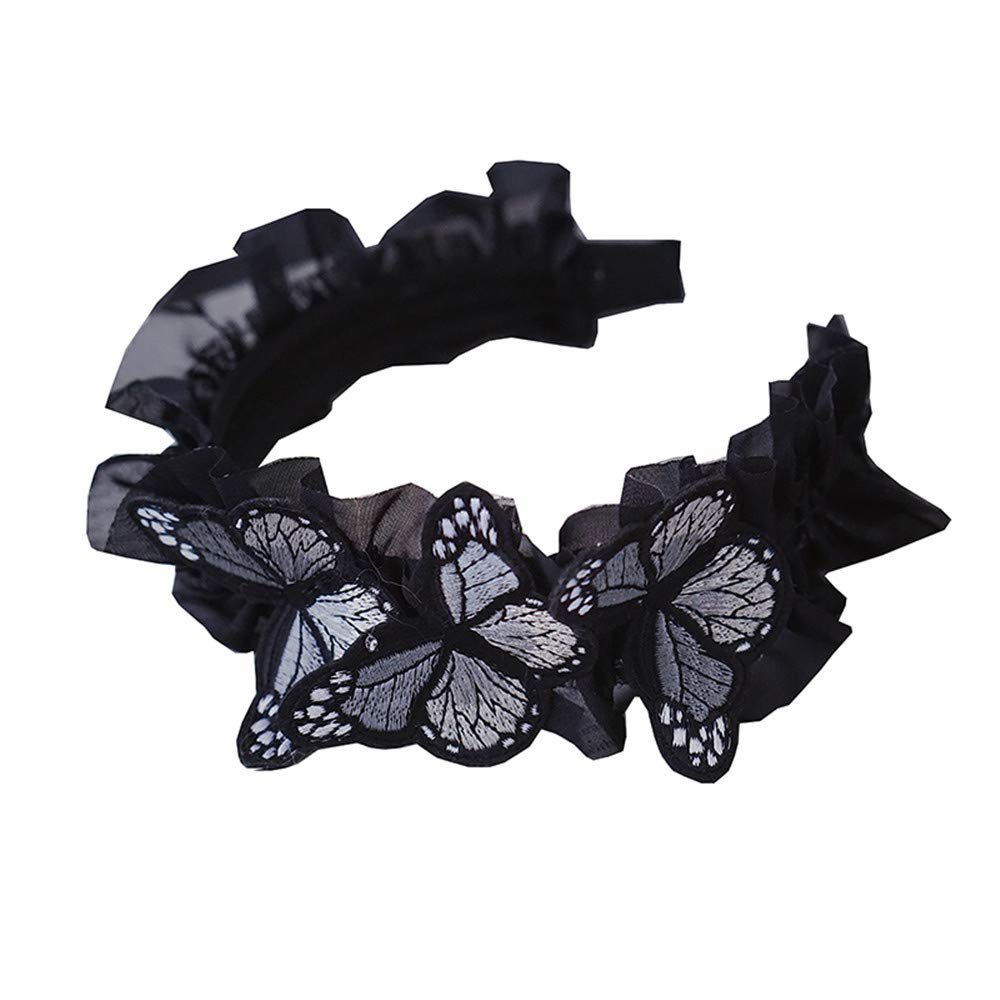 Gothic Vintage Black Lace with 3D Butterfly Fairy Headband for Women Festival Costume Wedding Tea Party Crown Hair Accessory (Black)